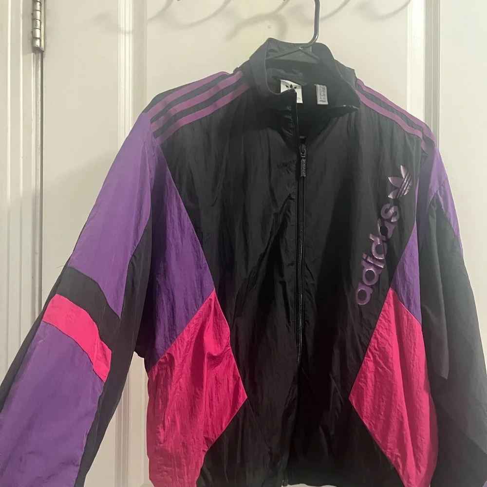Adidas Women's Black, Purple, and Pink Bomber Jacket